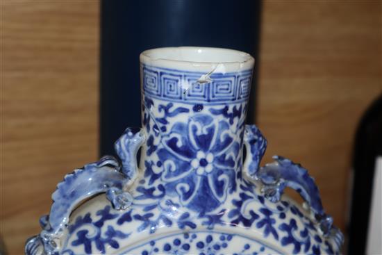 A Chinese blue and white moon flask, charger etc largest diameter 41cm